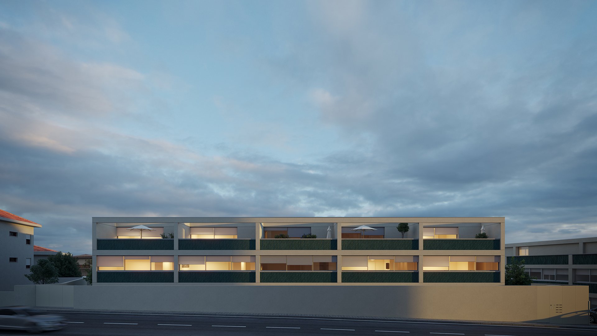 Villas Design, Aldoar — fachada ao anoitecer